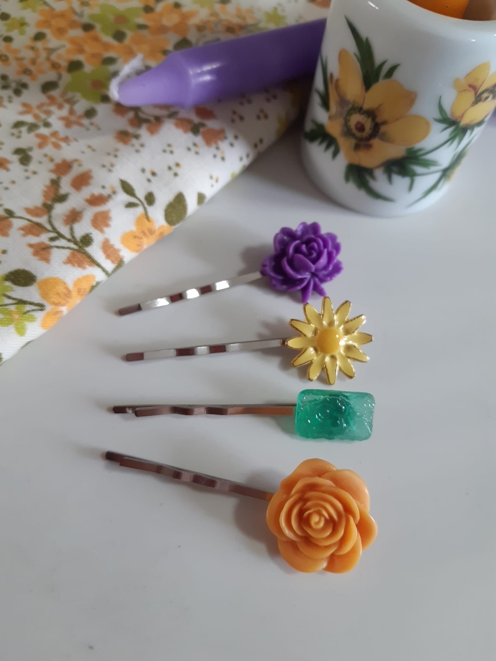 **SALE 3 for $20** Floral Bobby Pin Set - Purple, Yellow, Green, Orange